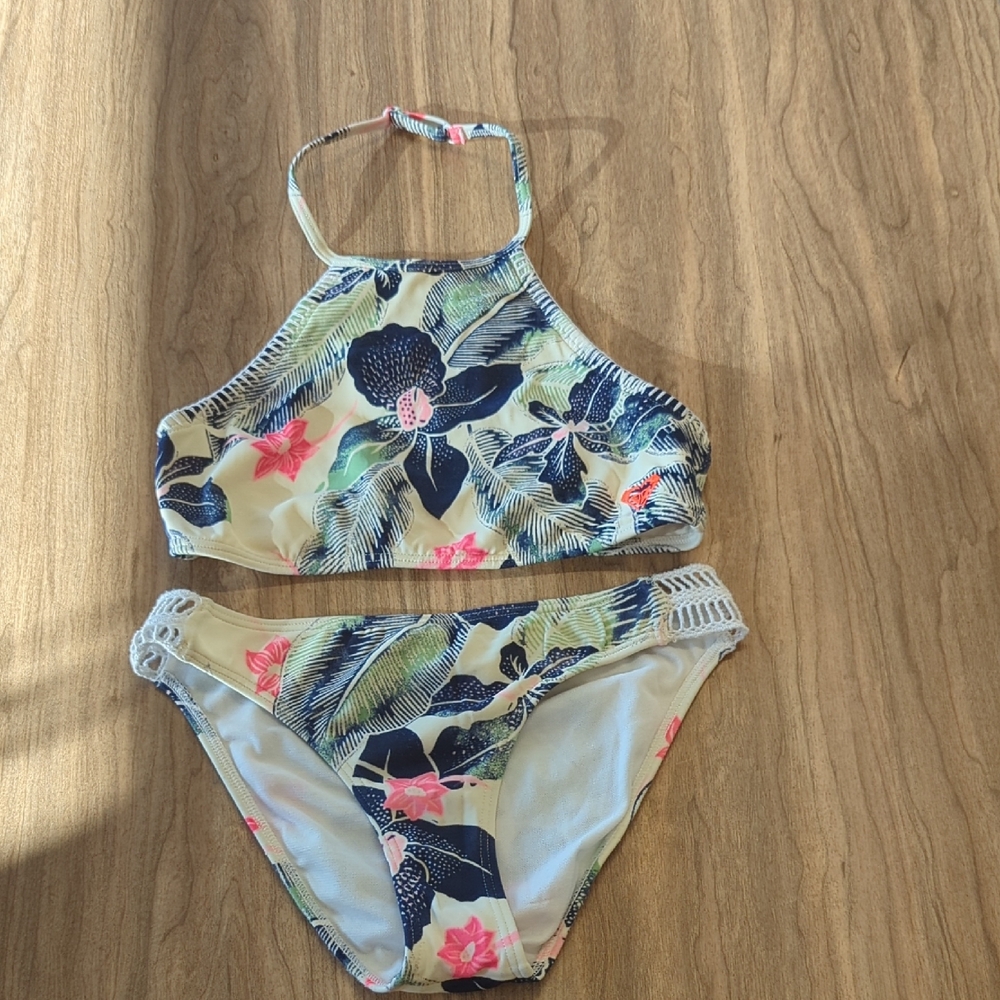 Roxy Girls Floral High-Neck Bikini Set in Cream, Navy & Pink